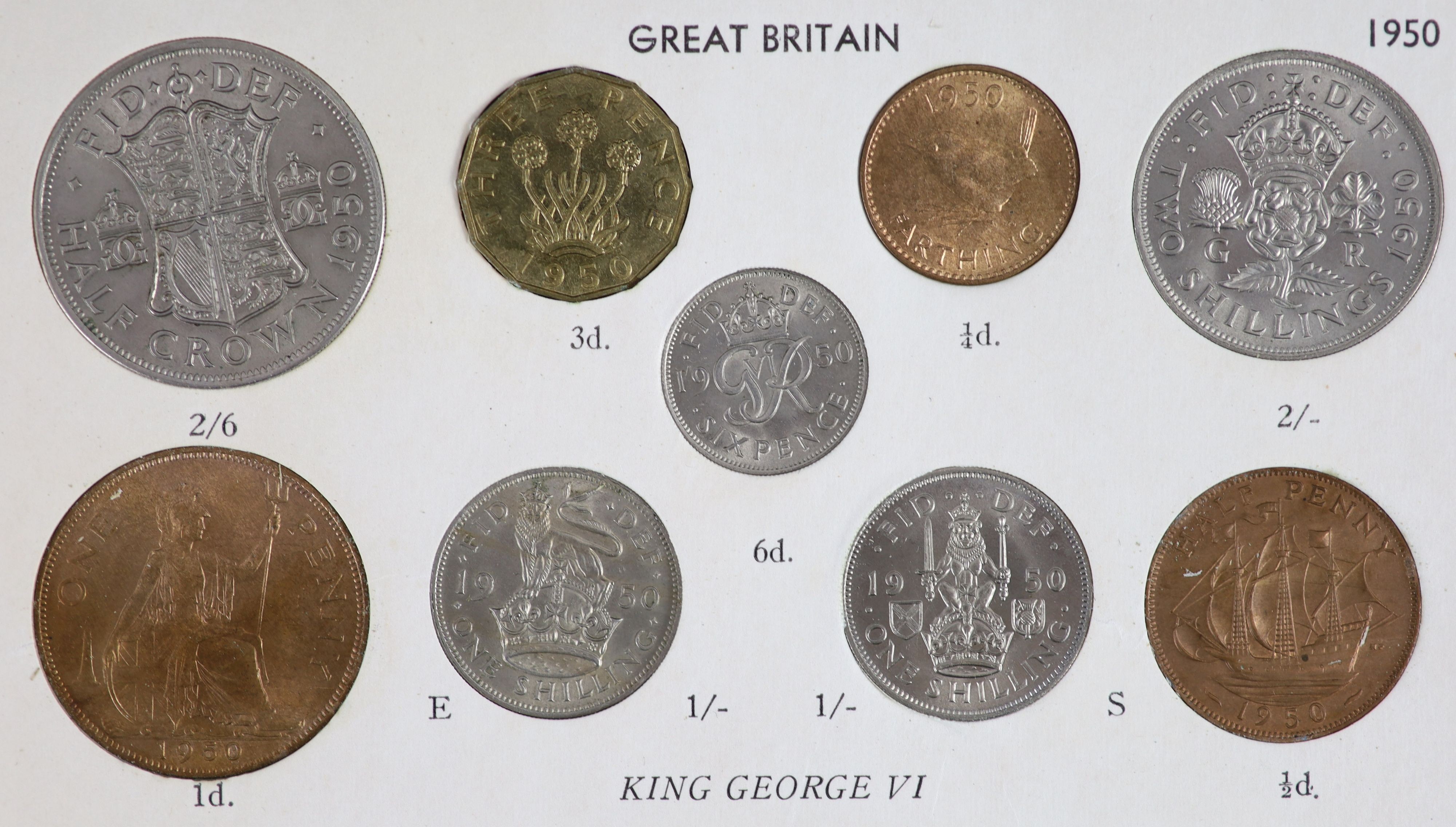 George VI specimen coin sets for 1950 and 1951, second issue, including 1950 threepence, aUNC, 1951 threepence and penny, both EF